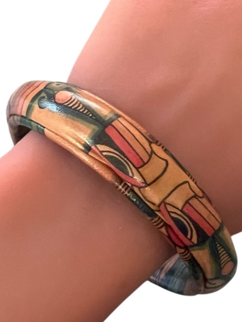 Handmade Leather Bangle, Indonesian Folk Art Bracelet, Tribal Indigenous Motif